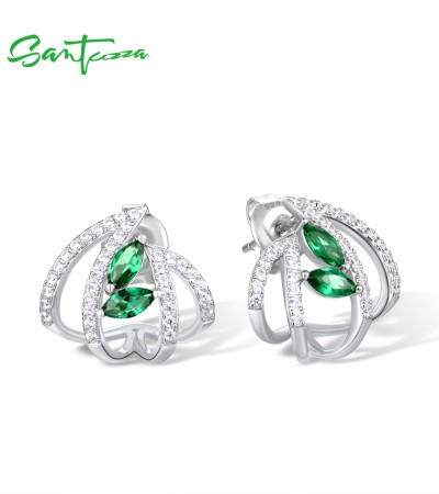 SANTUZZA 925 Sterling Silver Stud Earrings Green Stones White Cubic Zirconia Fine Jewelry
