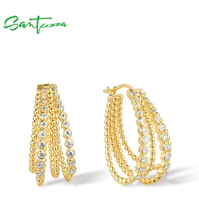 SANTUZZA 925 Sterling Silver Hoop Earrings White Cubic Zirconia Gold Color Charming Earrings Jewelry