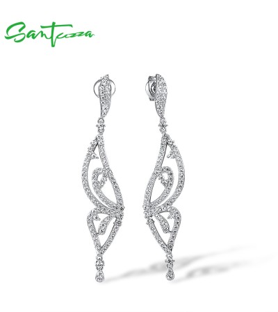 SANTUZZA 925 Sterling Silver Earrings White CZ Butterfly Drop Eariings Fine Jewelry