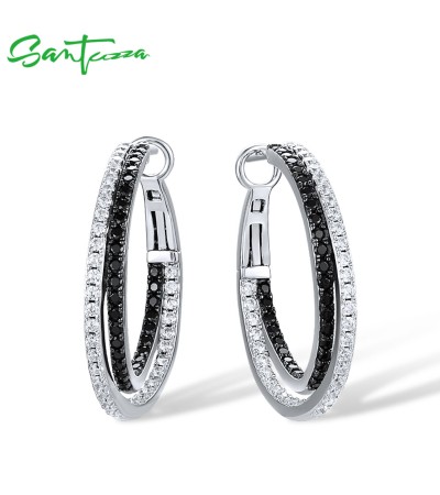 SANTUZZA 925 Sterling Silver Loop Earrings Black Spinel White Cubic Zirconia Jewelry