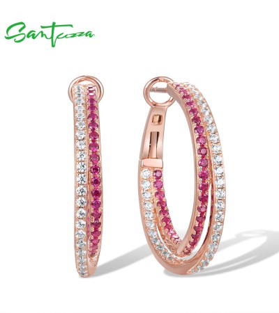 SANTUZZA 925 Sterling Silver Hoop Earrings Lab Created Ruby White CZ Fine Jewelry