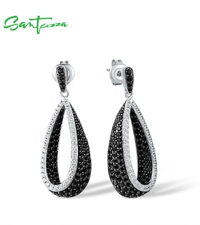 SANTUZZA 925 Sterling Silver Earrings Black Spinel White CZ Drop Shape Eariings Fine Jewelry