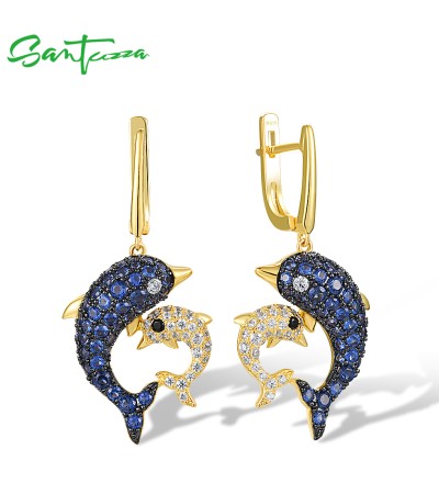 SANTUZZA 925 Sterling Silver Dangling Earrings Blue Nano White CZ Black Spinel Dolphin Fine Jewelry