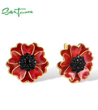 SANTUZZA 925 Sterling Silver Earrings Black Spinel Red Enamel Blossom Flower Jewelry