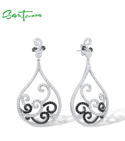 SANTUZZA 925 Sterling Silver Earrings Black Spinel White CZ Charming Drop Earrings Jewelry