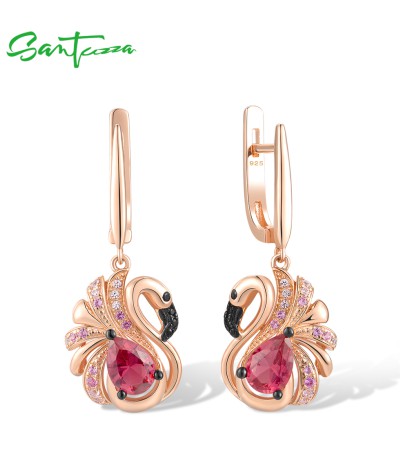 SANTUZZA 925 Sterling Silver Earrings Created Sapphire Red Crystal Pink Flamingo Fine Jewelry