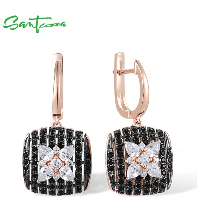 SANTUZZA 925 Sterling Silver Earrings Black spinel White Cubic Zirco Cushion Star Fine Jewelry