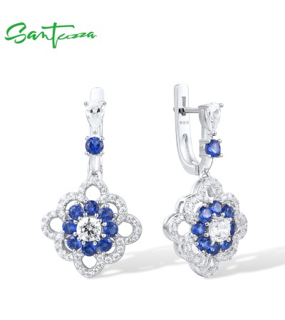 SANTUZZA 925 Silver Dangling Earrings Sterling Silver Sparkling Blue White Cubic Zirconia Flower Jewelry