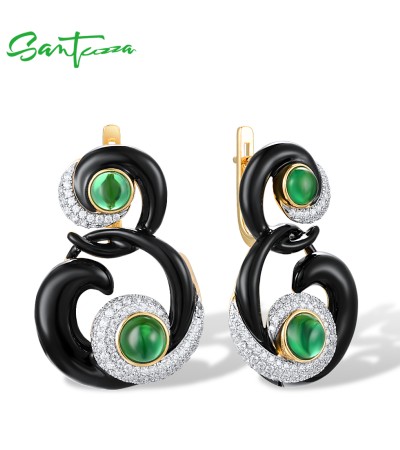 SANTUZZA 925 Sterling Silver Earrings Green Stones White CZ Black Enamel Curved Line Jewelry