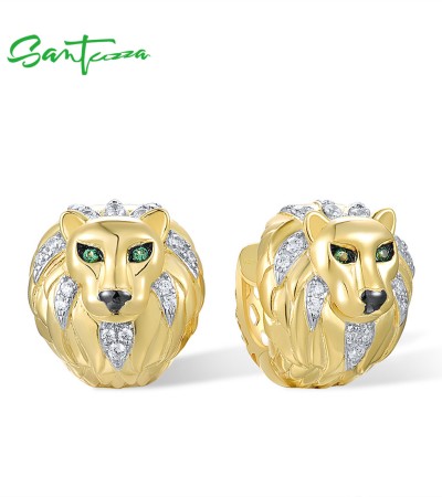 SANTUZZA 925 Silver Earrings Sterling Silver Golden Lion White CZ Green Spinel Jewelry
