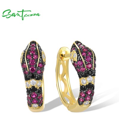 SANTUZZA 925 Sterling Silver Hoop Earrings Black Red Stones White CZ Snake Animal Fine Jewelry