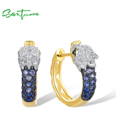 SANTUZZA 925 Sterling Silver Hoop Earrings Sparkling Blue Green White CZ Dragon Jewelry