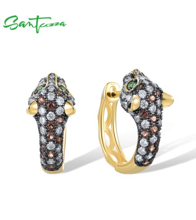 SANTUZZA 925 Sterling Silver Earrings Nano Brown Spinel White CZ Leopard Animal Jewelry