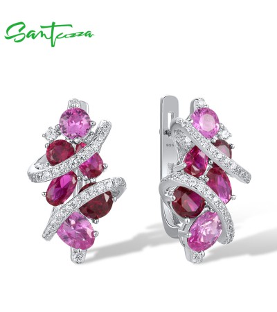 SANTUZZA 925 Sterling Silver Earrings Lab Created Pink Sapphire White CZ Fine Jewelry