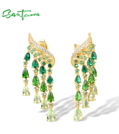SANTUZZA Silver Earrings 925 Sterling Silver Green Glass Spinel White CZ Ombre Raindrops Jewelry