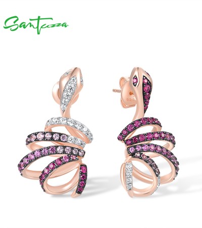 SANTUZZA 925 Sterling Silver Stud Earrings Created Pink Sapphire Ruby Rose Gold Plated Snake Jewelry