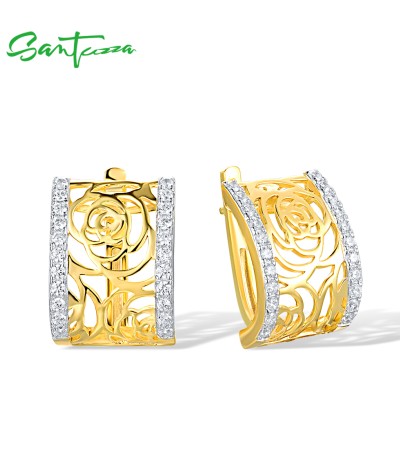 SANTUZZA 925 Sterling Silver Earrings White Cubic Zirconia Rose Flower Jewelry