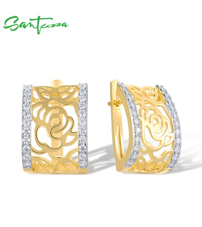 SANTUZZA 925 Sterling Silver Earrings White Cubic Zirconia Rose Flower Jewelry