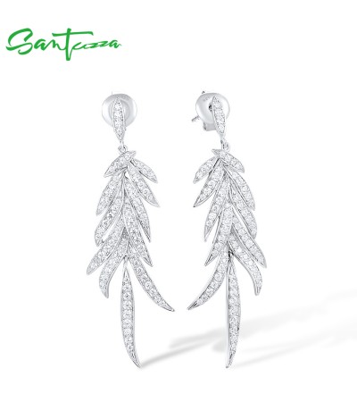 SANTUZZA 925 Sterling Silver Stud Earrings White Cubic Zirconia Dangling Leaf Jewelry