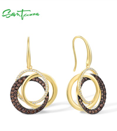 SANTUZZA 925 Silver Dangling Earrings Sterling Silver Brown Spinel White CZ Circle Gold Plated Jewelry
