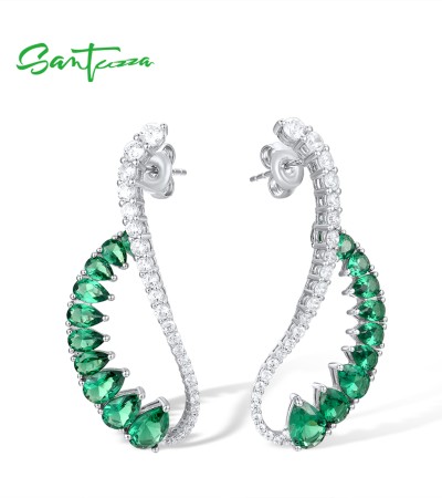 SANTUZZA 925 Sterling Silver Earrings Green Spinel White CZ Dangling Earrings Jewelry