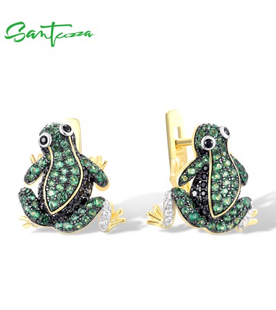 SANTUZZA 925 Sterling Silver Earrings Green Black Spinel White CZ  Frog Animal Jewelry