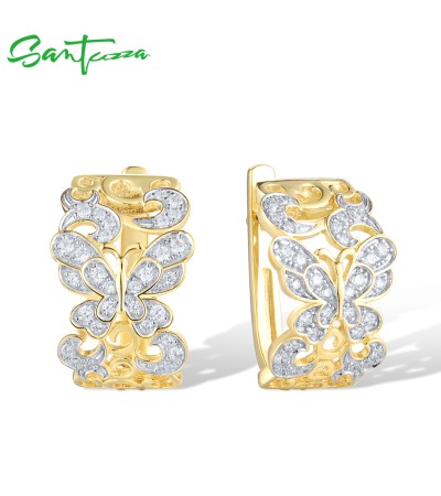 SANTUZZA 925 Sterling Silver Earrings White Cubic Zirconia Butterfly Hollow Jewelry