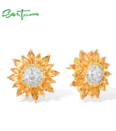 SANTUZZA 925 Sterling Silver Stud Earrings Yellow Nano /White CZ Gold Color Sun Flower Jewelry