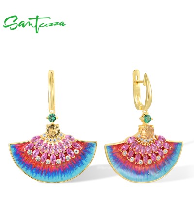 SANTUZZA 925 Sterling Silver Ombre Created Pink Sapphire Yellow Stone Colorful Fan Earrings Enamel Jewelry