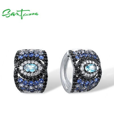 SANTUZZA 925 Sterling Silver Loop Pierce Earrings Blue And Black Spinel White CZ Fine Jewelry