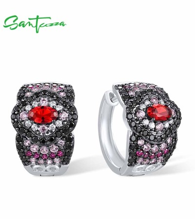 SANTUZZA 925 Sterling Silver Loop Earrings Black Spinel Created Ruby Pink Sapphire Fine Jewelry