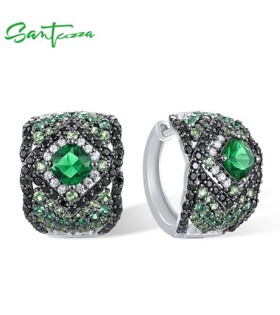 SANTUZZA 925 Sterling Silver Loop Pierce Earrings Black And Green Spinel White CZ Fine Jewelry