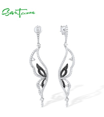 SANTUZZA 925 Sterling Silver Earrings Black Spinel White CZ Butterfly Dangling Earrings Fine Jewelry