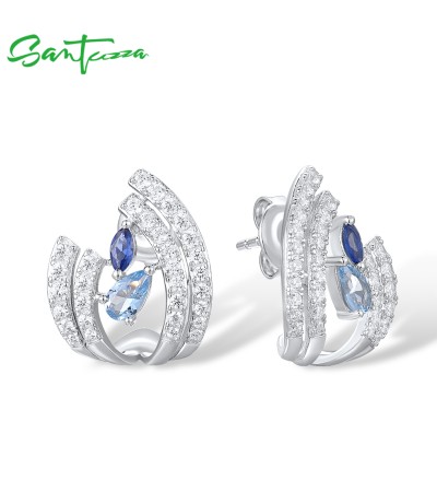 SANTUZZA 925 Sterling Silver Stud Earrings Blue Spinel White Cubic Zirconia Jewelry