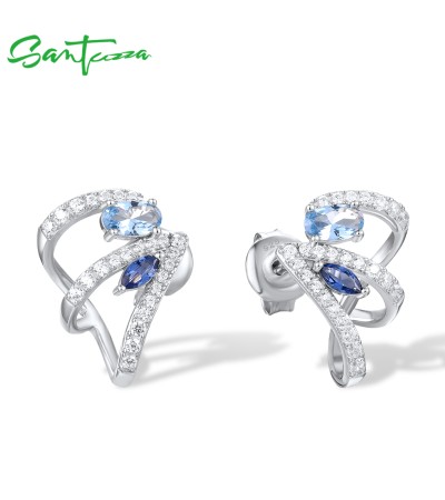 SANTUZZA 925 Sterling Silver Stud Earrings Blue Spinel White Cubic Zirconia Jewelry