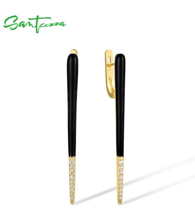 SANTUZZA 925 Sterling Silver Earrings White Cubic Zirconia Black Handmade Enamel Fine Jewelry
