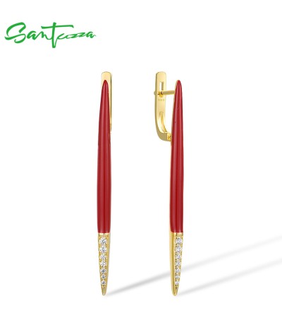 SANTUZZA 925 Sterling Silver Earrings White Cubic Zirconia Red Handmade Enamel Fine Jewelry