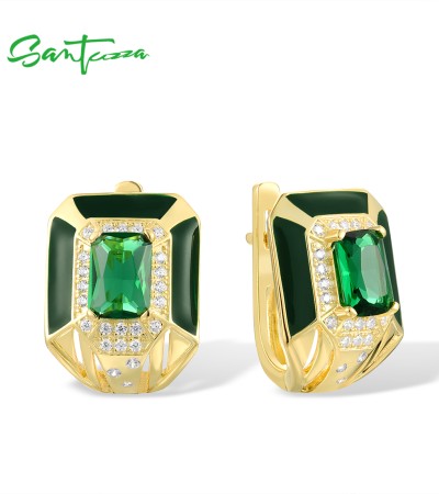 SANTUZZA 925 Sterling Silver Earrings Green Stones White CZ Gorgeous Fine Jewelry