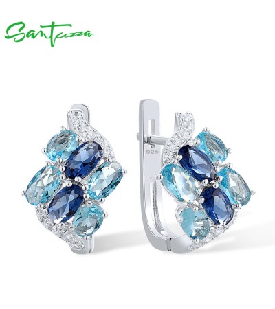 SANTUZZA 925 Sterling Silver Clip Earrings Blue Stone White CZ Cluster Fine Jewelry