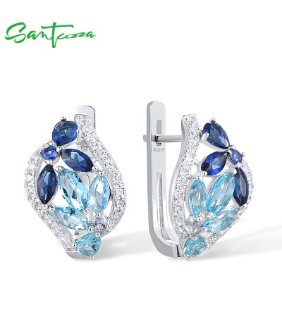 SANTUZZA 925 Sterling Silver Clip Latch Back Earrings Colorful Blue Stone White CZ Fine Jewelry