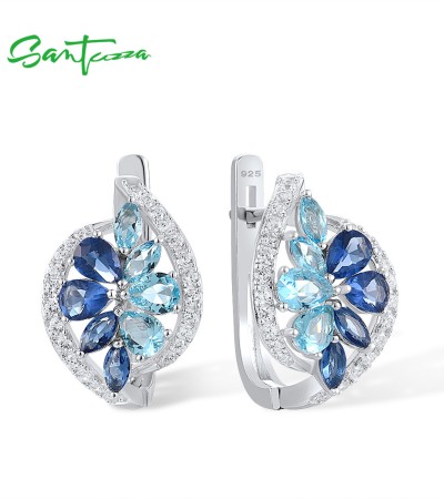 SANTUZZA 925 Sterling Silver Clip Latch Back Earrings Colorful Blue Stone White CZ Fine Jewelry