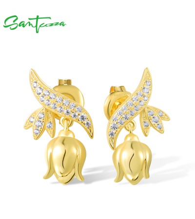 SANTUZZA 925 Sterling Silver Earrings White Cubic Zirconia Yellow Tulip Flower Fine Jewelry