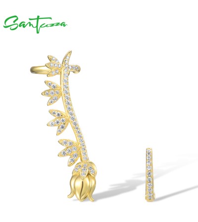 SANTUZZA 925 Sterling Silver Earrings White CZ Unique Gold Color Flower Ear Cuff Fine Jewelry