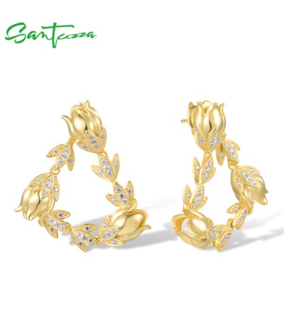 SANTUZZA 925 Sterling Silver Stud Earrings White CZ Tulip Flower Dangling Fine Jewelry