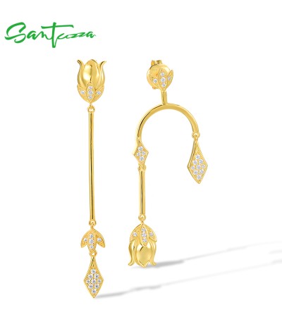 SANTUZZA 925 Sterling Silver Earrings White CZ Tulip Flower Tassels Fine Jewelry