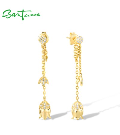 SANTUZZA 925 Sterling Silver Earrings White CZ Tulip Flower Long Chain Style Fine Jewelry