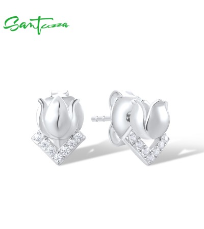 SANTUZZA 925 Sterling Silver Stud Earrings White Cubic Zirconia Tulip Flower Fine Jewelry