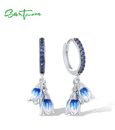 SANTUZZA 925 Sterling Silver Drop Earrings Sparkling White Blue CZ Enamel Tulip Flower Jewelry