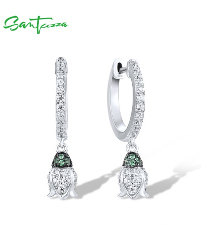 SANTUZZA 925 Sterling Silver Loop Earrings White CZ Green Spinel Flower Pierce Fine Jewelry