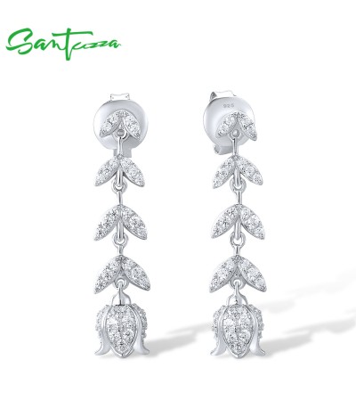 SANTUZZA 925 Sterling Silver Stud Earrings White CZ Tulip Flower Dangling Fine Jewelry